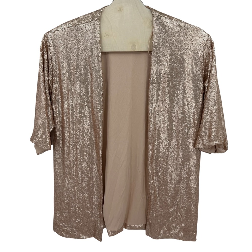 The Limited Women Rose Gold Sequin Cardigan Duster Open Front Elbow L Glam Party